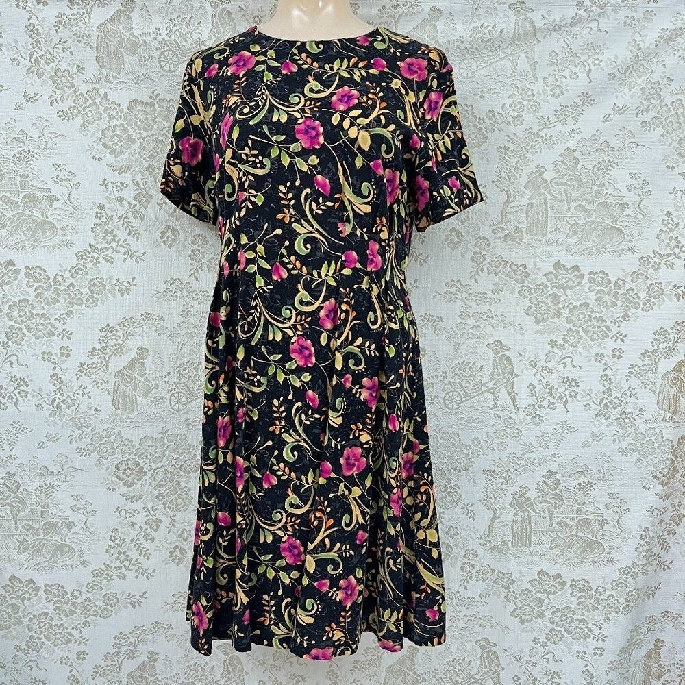Impressions Vtg Dress Grandma Cottagecore Whimsigoth Black Floral Short Sleeve S